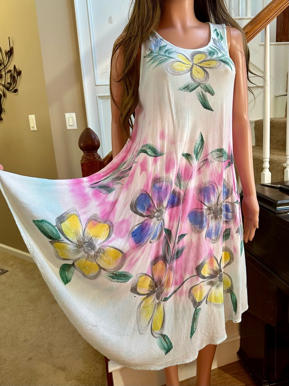 Sleeveless Floral Tie-Dye Swing Dress in Pink, Blue & Yellow - Picture 5 of 14